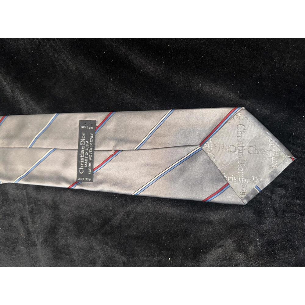 Christian Dior Men's Silk Tie Gray with Red and Blue Stripes